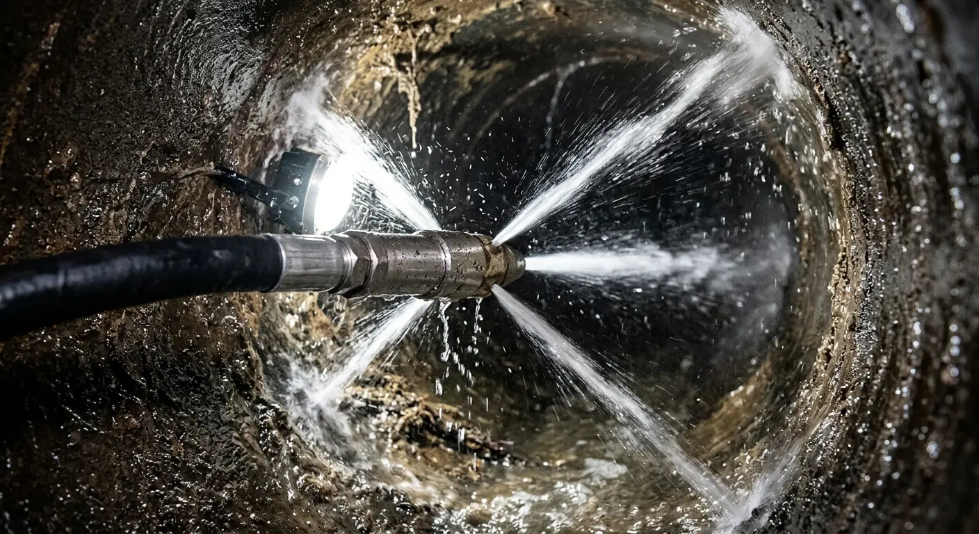 High-pressure hydro jetting nozzle cleaning sewer pipe for Emergency Drain Service in Villa Hills