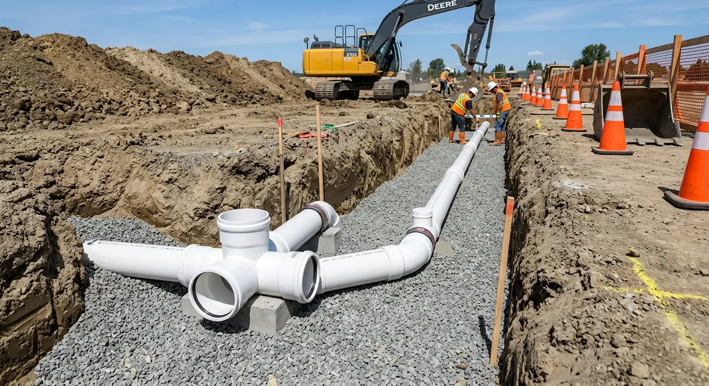New PVC sewer pipe installation in open trench for Commercial Drain Cleaning in Villa Hills