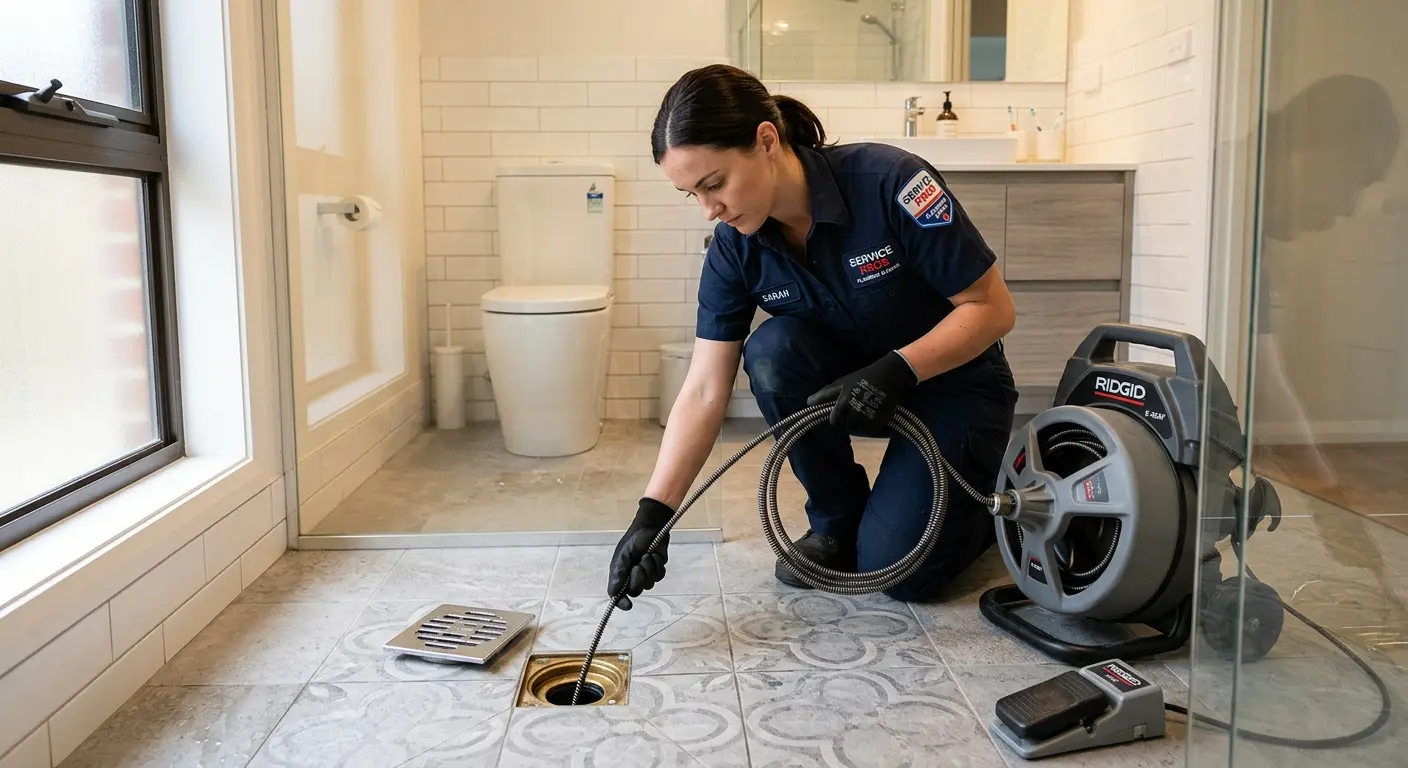 Technician clearing a bathroom floor drain for Drain Cleaning in Villa Hills